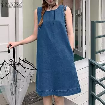 ZANZEA Женское летнее повседневное синее джинсовое платье без рукавов с круглым вырезом на бретелях S синий