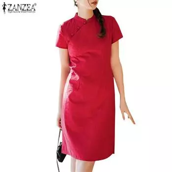 ZANZEA Женское летнее повседневное сплошное цветное платье с коротким рукавом и круглым вырезом