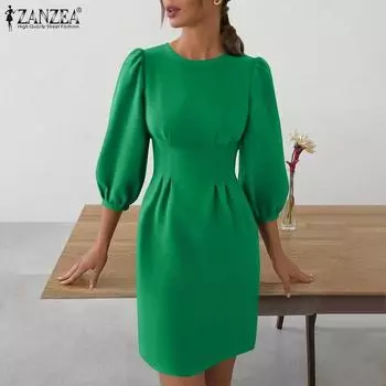 ZANZEA Женское летнее повседневное сплошное цветное платье с рукавами 3/4 и круглым вырезом