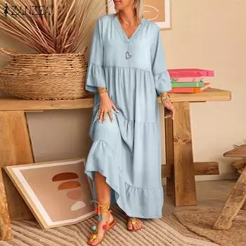 ZANZEA Женское летнее повседневное свободное длинное платье с v-образным вырезом и рукавами 3/4