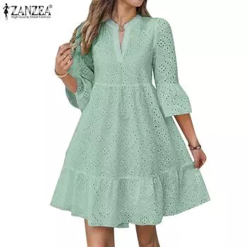 ZANZEA Женское летнее повседневное свободное кружевное платье крючком с V-образным вырезом 4XL белый