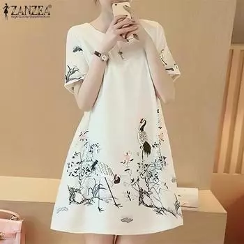 ZANZEA женское летнее повседневное свободное платье трапециевидной формы с круглым вырезом и коротким рукавом с цветочным принтом 4XL