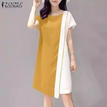 ZANZEA женское летнее повседневное свободное платье трапециевидной формы контрастного цвета с круглым вырезом и короткими рукавами S жёлтый