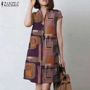 ZANZEA Женское летнее повседневное свободное платье с v-образным вырезом и короткими рукавами