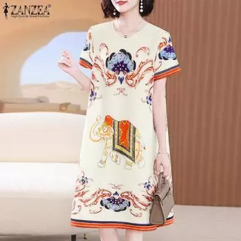 ZANZEA Женское летнее повседневное свободное платье с цветочным принтом и круглым вырезом с коротким рукавом S чёрный