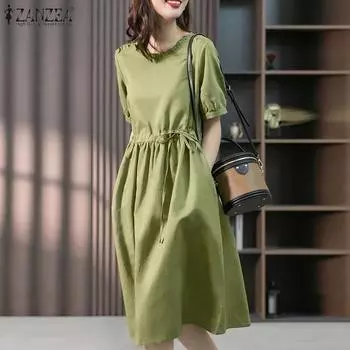 ZANZEA женское летнее повседневное свободное платье с оборками и круглым вырезом, короткими рукавами и завязками зелёный