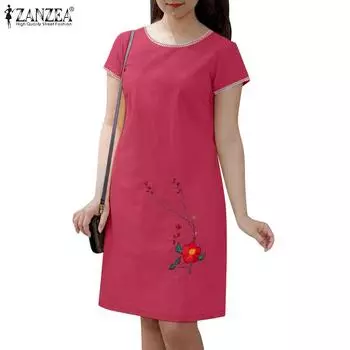 ZANZEA Женское летнее повседневное свободное платье с коротким рукавом и цветочной вышивкой 4XL темно-синий