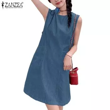 ZANZEA Женское летнее повседневное свободное платье-майка без рукавов с круглым вырезом 5XL чёрный
