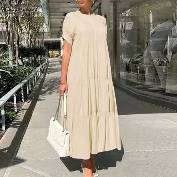 ZANZEA женское летнее повседневное свободное плиссированное платье макси с коротким рукавом плюс размер