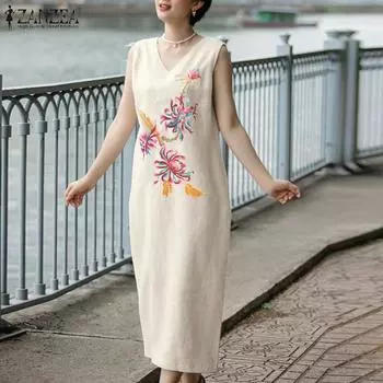 ZANZEA Женское летнее повседневное свободное прямое платье без рукавов с v-образным вырезом и принтом