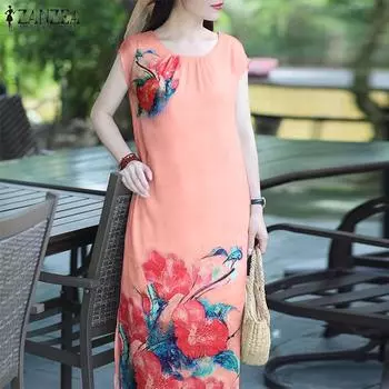 ZANZEA Женское Летнее Повседневное Платье Прямого Покроя С Круглым Вырезом Коротким Рукавом Цветочный Принт Свободного Покроя M белый