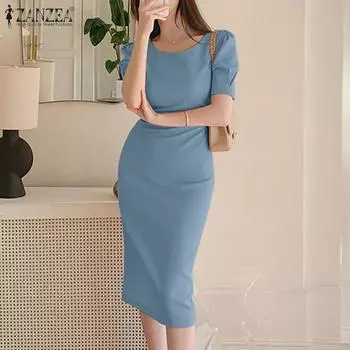 ZANZEA Женское летнее повседневное тонкое платье с круглым вырезом и коротким рукавом