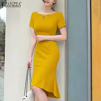 ZANZEA Женское летнее повседневное тонкое платье-карандаш с круглым вырезом и короткими рукавами 5XL жёлтый