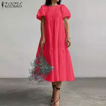 ZANZEA женское летнее свободное длинное однотонное плиссированное однотонное платье с короткими рукавами и круглым вырезом