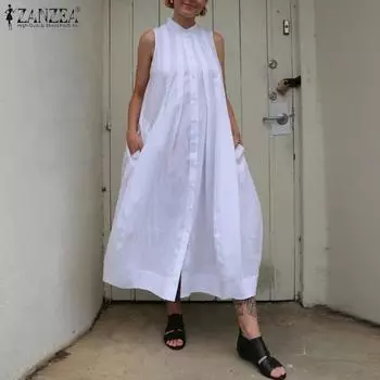 ZANZEA Женское летнее свободное длинное платье без рукавов