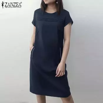 ZANZEA женское летнее свободное короткое платье в полоску с круглым вырезом и короткими рукавами 5XL жёлтый