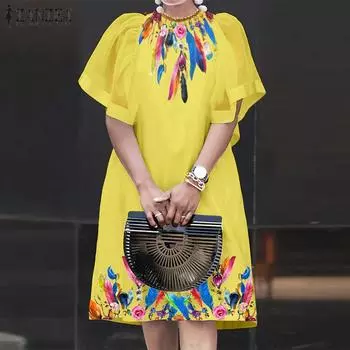 ZANZEA женское летнее свободное платье с круглым вырезом и листьями лотоса с короткими рукавами и принтом S чёрный