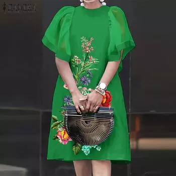 ZANZEA женское летнее свободное платье с круглым вырезом и короткими рукавами в стиле лотоса с цветочным принтом S белый