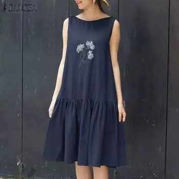 ZANZEA женское летнее свободное платье трапециевидной формы без рукавов с круглым вырезом и цветочным принтом 3XL зелёный