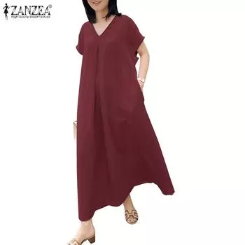 ZANZEA Женское летнее свободное повседневное длинное платье с v-образным вырезом и короткими рукавами