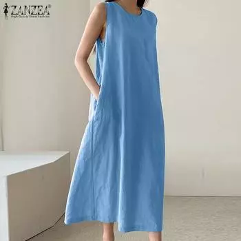 ZANZEA женское летнее свободное повседневное длинное платье без рукавов с круглым вырезом