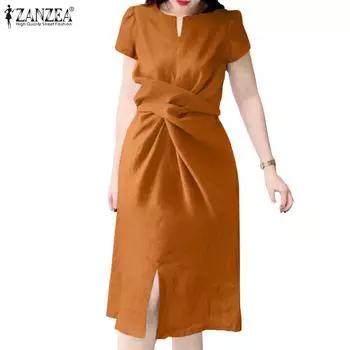 ZANZEA Женское летнее свободное повседневное платье с короткими рукавами и круглым вырезом