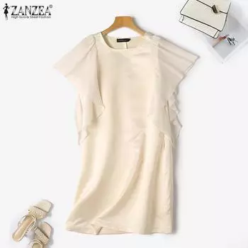 ZANZEA Женское летнее свободное повседневное платье с круглым вырезом и оборками на рукавах