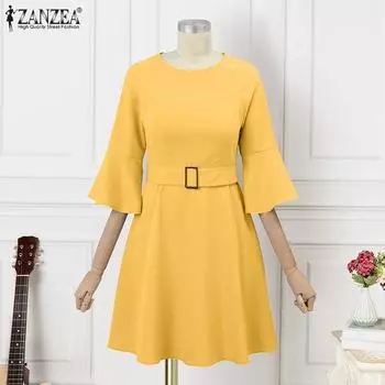 ZANZEA Женское летнее свободное повседневное платье с круглым вырезом и расклешенными рукавами