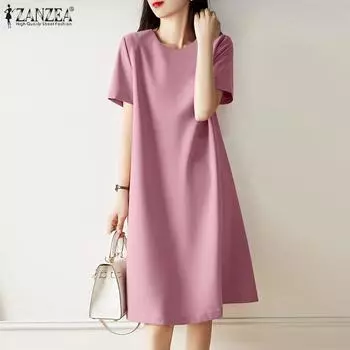 ZANZEA Женское летнее свободное повседневное платье с круглым вырезом и коротким рукавом