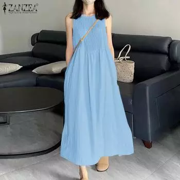 ZANZEA Женское летнее платье с круглым вырезом, свободное, повседневное, без рукавов 3XL