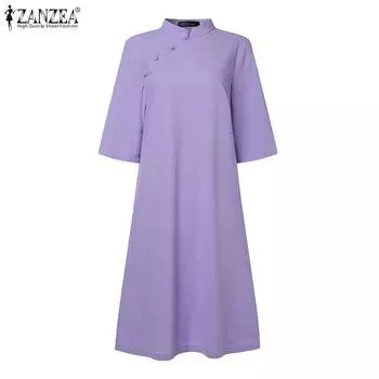ZANZEA Женское летнее свободное повседневное платье с воротником-стойкой и рукавами 3/4
