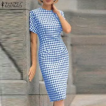 ZANZEA Женское летнее тонкое клетчатое платье с круглым вырезом и короткими рукавами