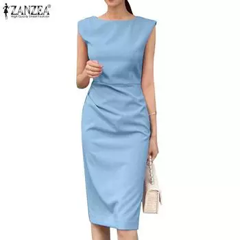 ZANZEA Женское летнее тонкое платье без рукавов с разрезом и круглым вырезом