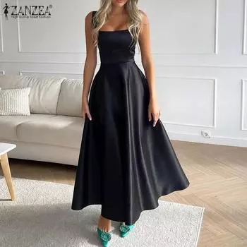 ZANZEA женское летнее вечернее длинное платье трапециевидной формы без рукавов с квадратным вырезом S чёрный