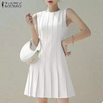 ZANZEA женское мини-платье без рукавов на бретелях, летние вечерние элегантные повседневные плиссированные тонкие трапециевидные короткие платья больших размеров 5XL чёрный