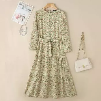 ZANZEA Женское модное длинное платье трапециевидной формы в горошек с длинными рукавами в стиле ретро 3XL бежевый