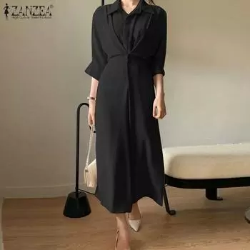 ZANZEA женское модное однотонное элегантное платье с лацканами и рукавами 3/4 на пуговицах
