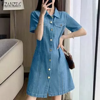 ZANZEA женское модное однотонное платье с круглым вырезом и коротким рукавом на талии 4XL чёрный