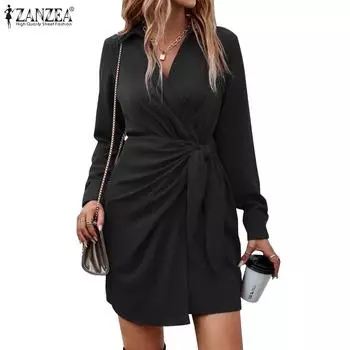 ZANZEA женское модное однотонное свободное платье с длинными рукавами и лацканами