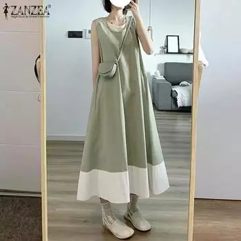 ZANZEA Женское модное платье А-силуэта с круглым вырезом и без рукавов 3XL синий