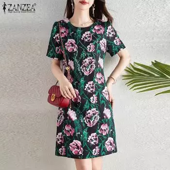 ZANZEA Женское модное платье А-силуэта с круглым вырезом и коротким рукавом с цветочным принтом