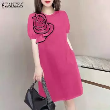 ZANZEA Женское модное платье-фонарик с круглым вырезом и короткими рукавами с цветочным принтом 5XL зелёный