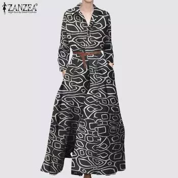 ZANZEA женское модное платье-рубашка с принтом весна-лето повседневное длинное платье с отложным воротником и длинными рукавами S бежевый
