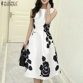 ZANZEA Женское модное платье с круглым вырезом без рукавов и цветочным принтом на талии 4XL зелёный