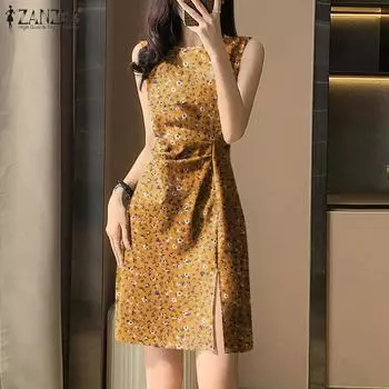 ZANZEA Женское модное платье с круглым вырезом без рукавов с разрезом и цветочным принтом на талии 3XL жёлтый