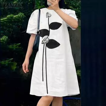 ZANZEA Женское модное платье с круглым вырезом и коротким рукавом с цветочным принтом, свободное прямое платье