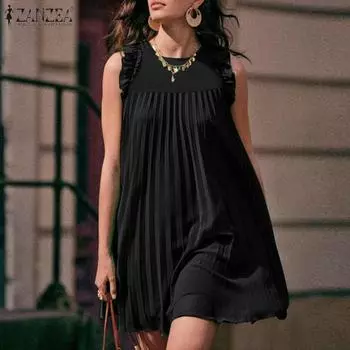 ZANZEA Женское модное платье с круглым вырезом без рукавов в полоску 4XL чёрный