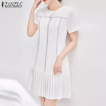 ZANZEA Женское модное платье с круглым вырезом и коротким рукавом контрастного цвета на талии 4XL чёрный