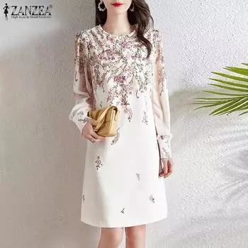 ZANZEA Женское модное платье с круглым вырезом и коротким рукавом с цветочным принтом 3XL зелёный