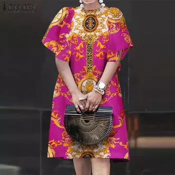 ZANZEA Женское модное платье с принтом и коротким рукавом с круглым вырезом и рюшами S чёрный